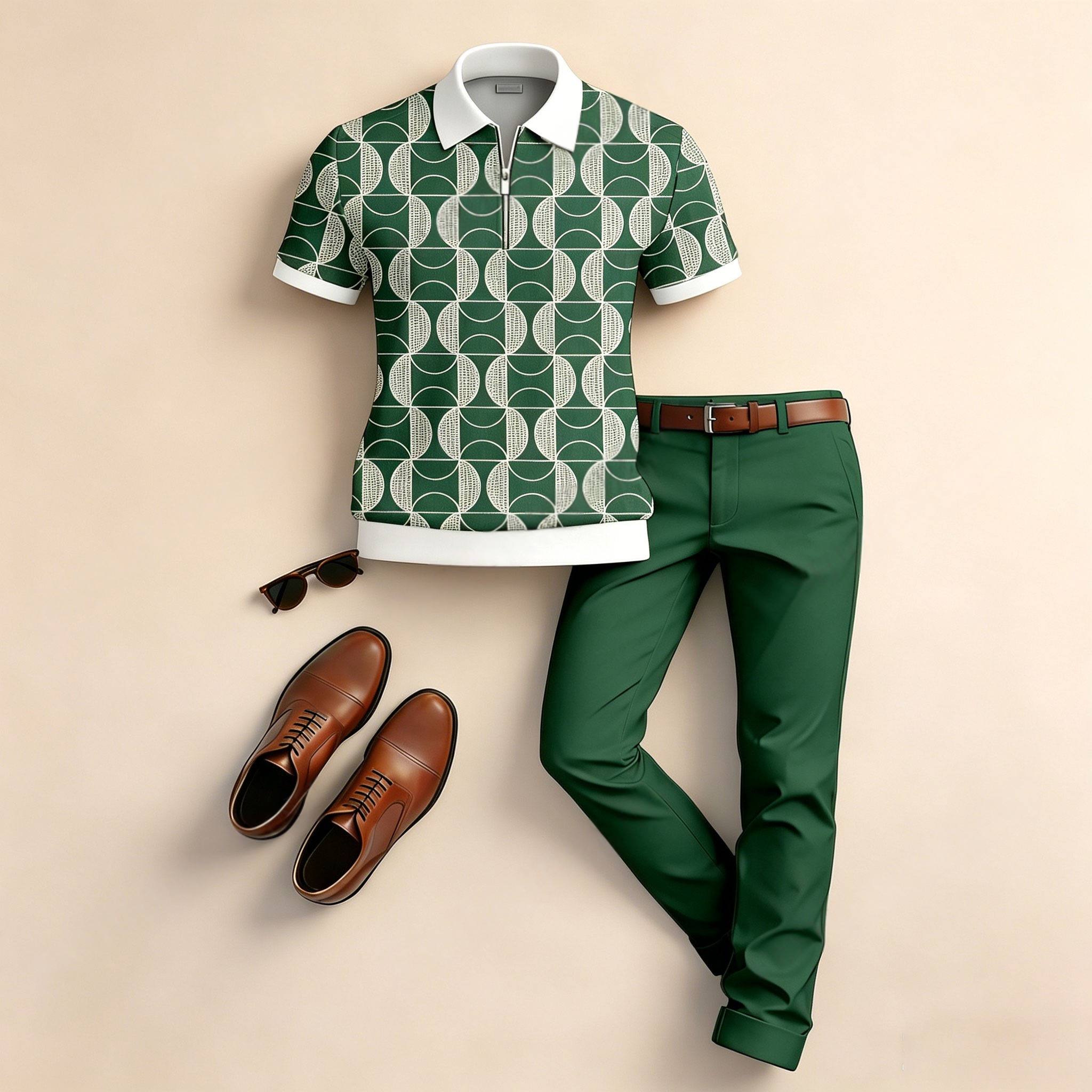 Conjunto de dos piezas casual Checkered Patchpara trabajo estampado de manga corta camisa polo And pantalón para hombre