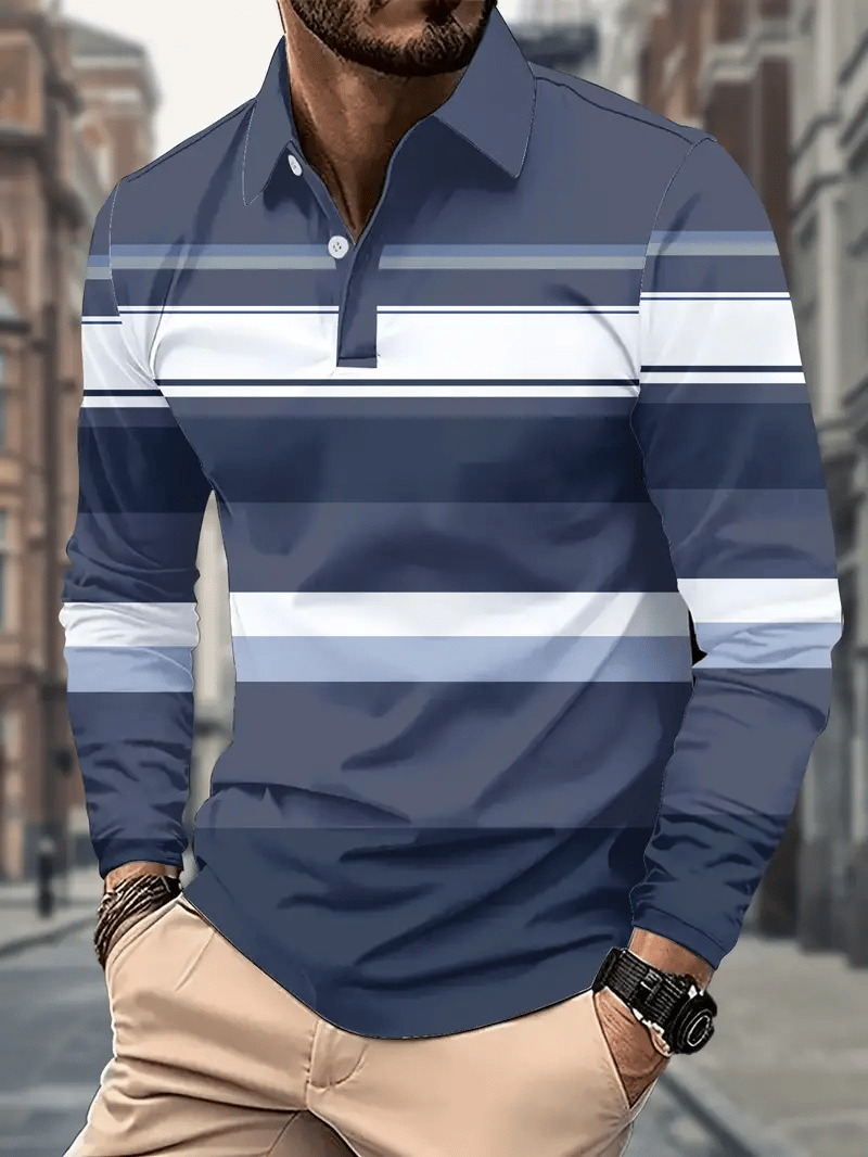 Camisa polo retro ejecutivo rayas estampado de manga larga para hombre