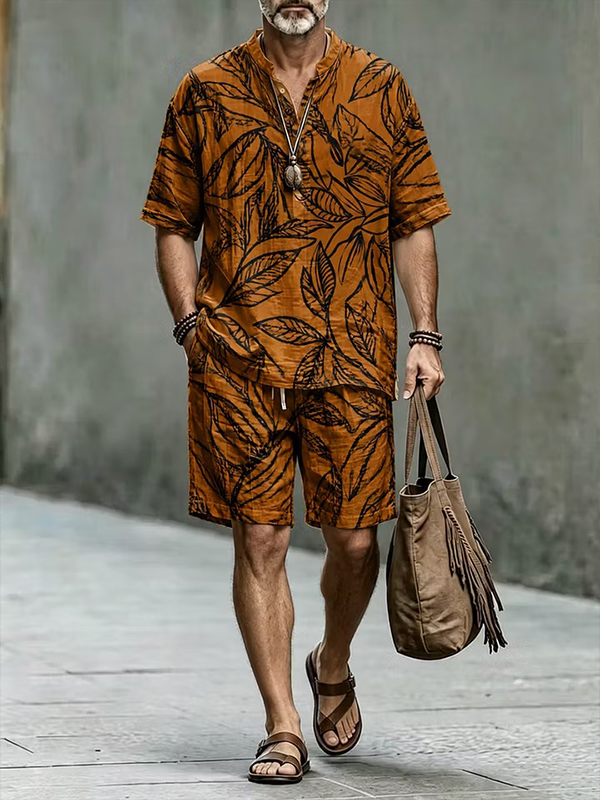 para hombre Tropical Leaf Print Half Button camisa shorts 2pcs Set