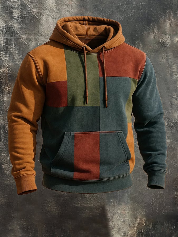 Sudadera retro desgastado en bloques de color estampado casual de manga larga para hombre