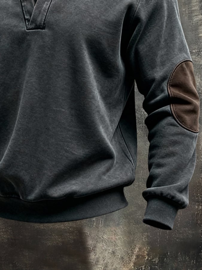 Sudadera vintage Pure de algodón Washed And desgastado Patchpara trabajo Color-Block de manga larga para hombre
