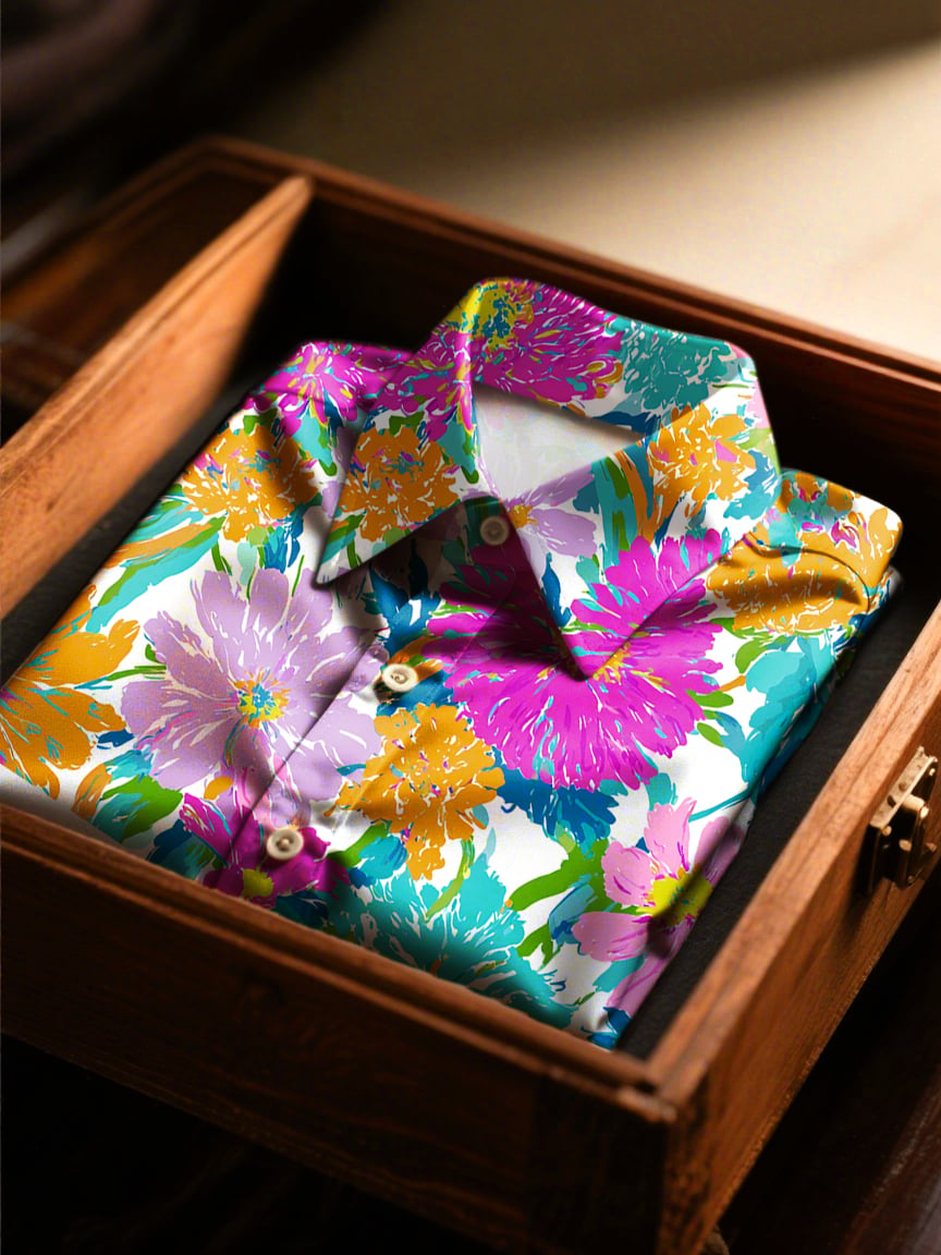 Camisa satén floral de lujo de manga larga con botones para hombre