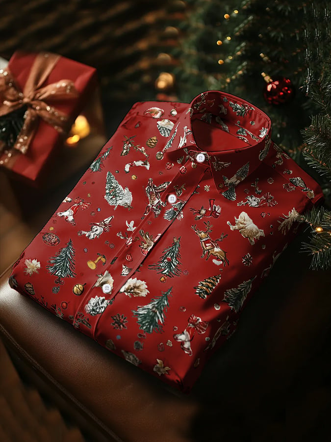 Camisa de lujo Christmas Contrast Color estampado de manga larga para hombre