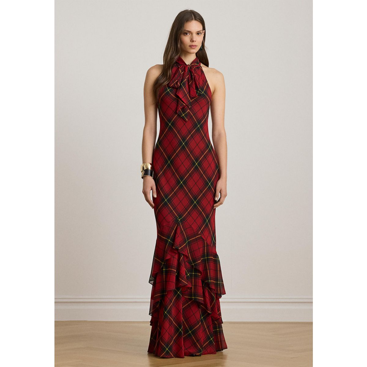 Women's Plaid Georgette Tiered Tie-Neck Gown - 1