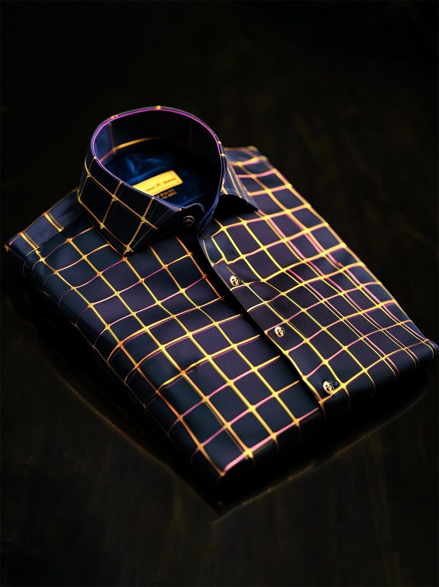 Camisa satén Luxe a cuadros de manga larga con botones para hombre