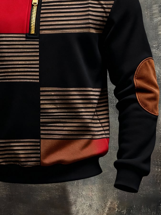 Sudadera vintage Color-Block estampado con cierre para hombre
