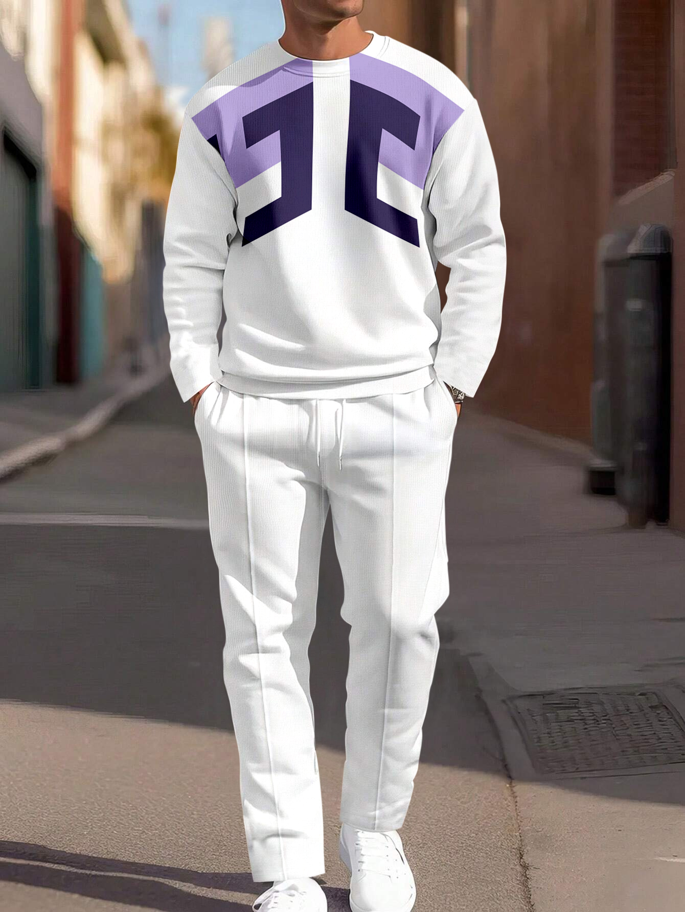 Simple Colorblock Round Neck casual Sports Set 084 para hombre