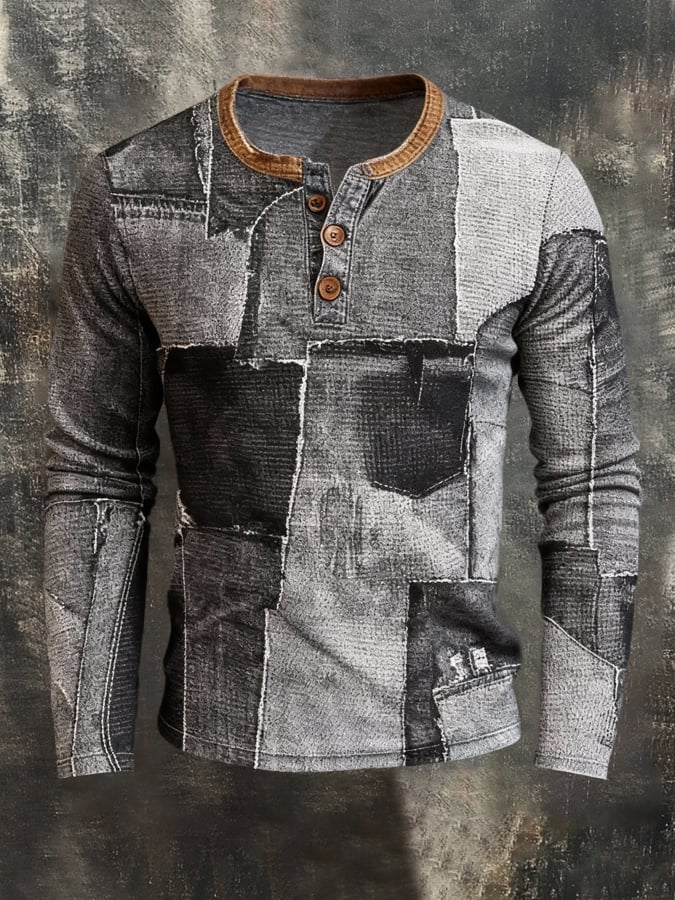 Camiseta retro Stitching Contrast Color Henley cuello de manga larga para hombre