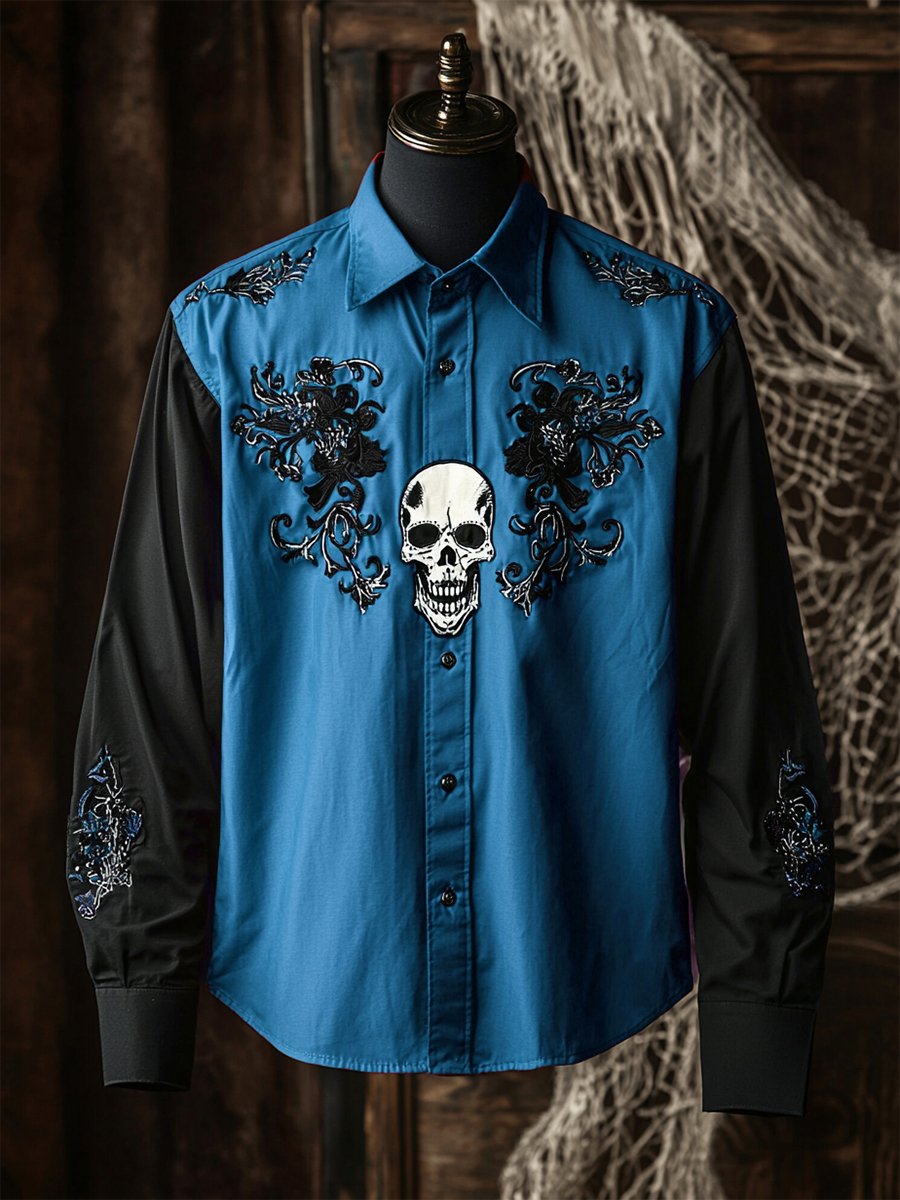 Camisa retro casual Skull estampado de manga larga para hombre
