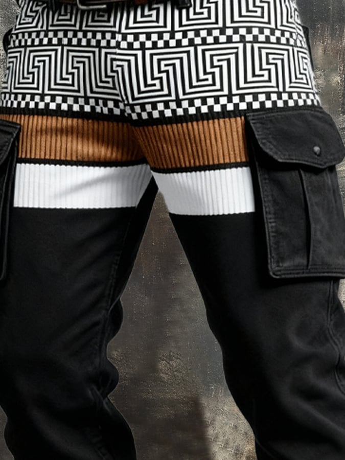Pantalón retro en bloques de color desgastado bolsillo Cargo para hombre