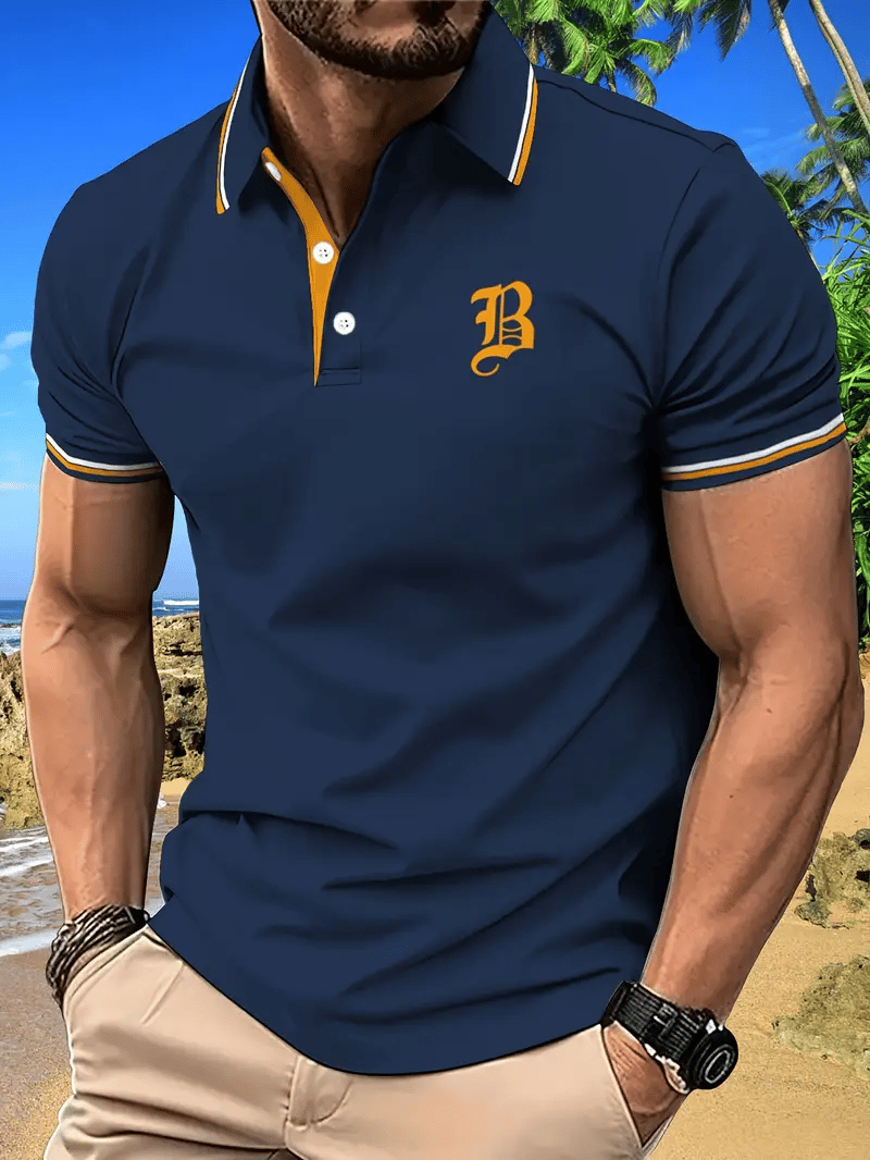 Camisa polo ejecutivo rayas Logo con botones de manga corta para hombre