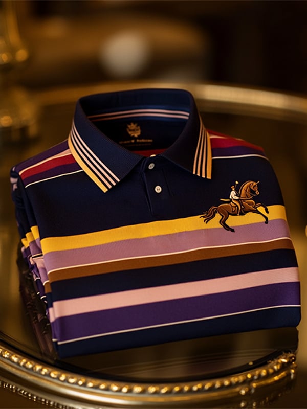 Camisa polo vintage ejecutivo Riding Logo rayas estampado de manga larga para hombre