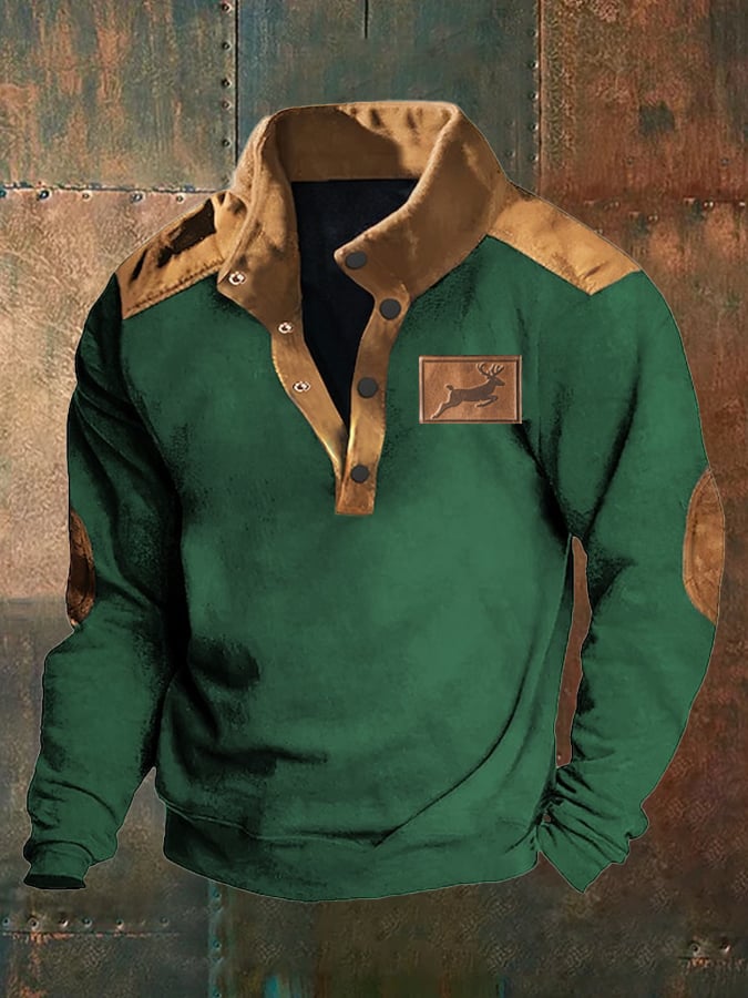 Sudadera Western Style Elk estampado Deerskin terciopelo Patchpara trabajo Stand-cuello para hombre