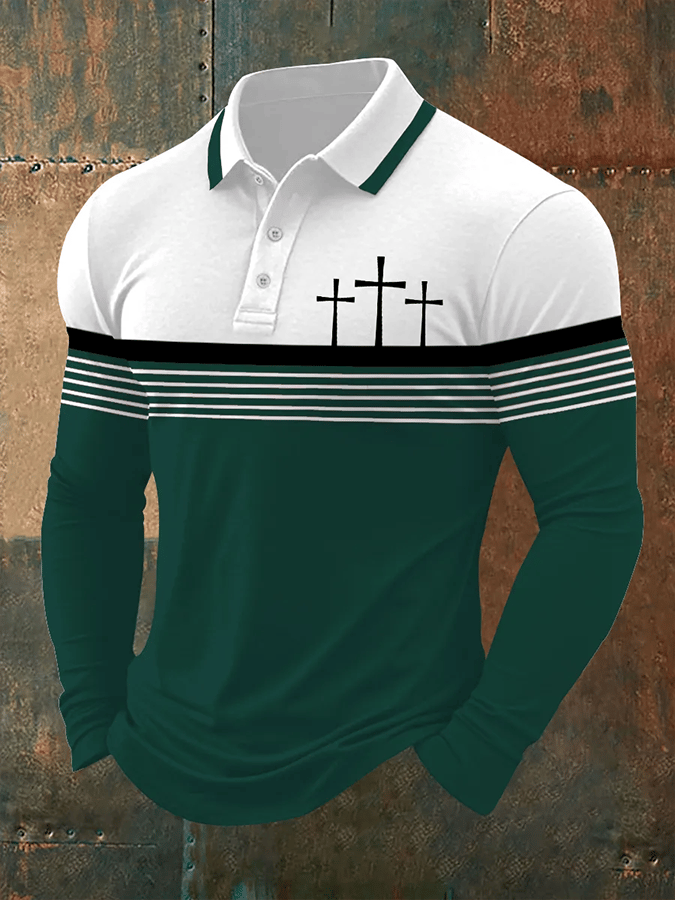 Camisa polo retro Faith casual estampado de manga larga para hombre