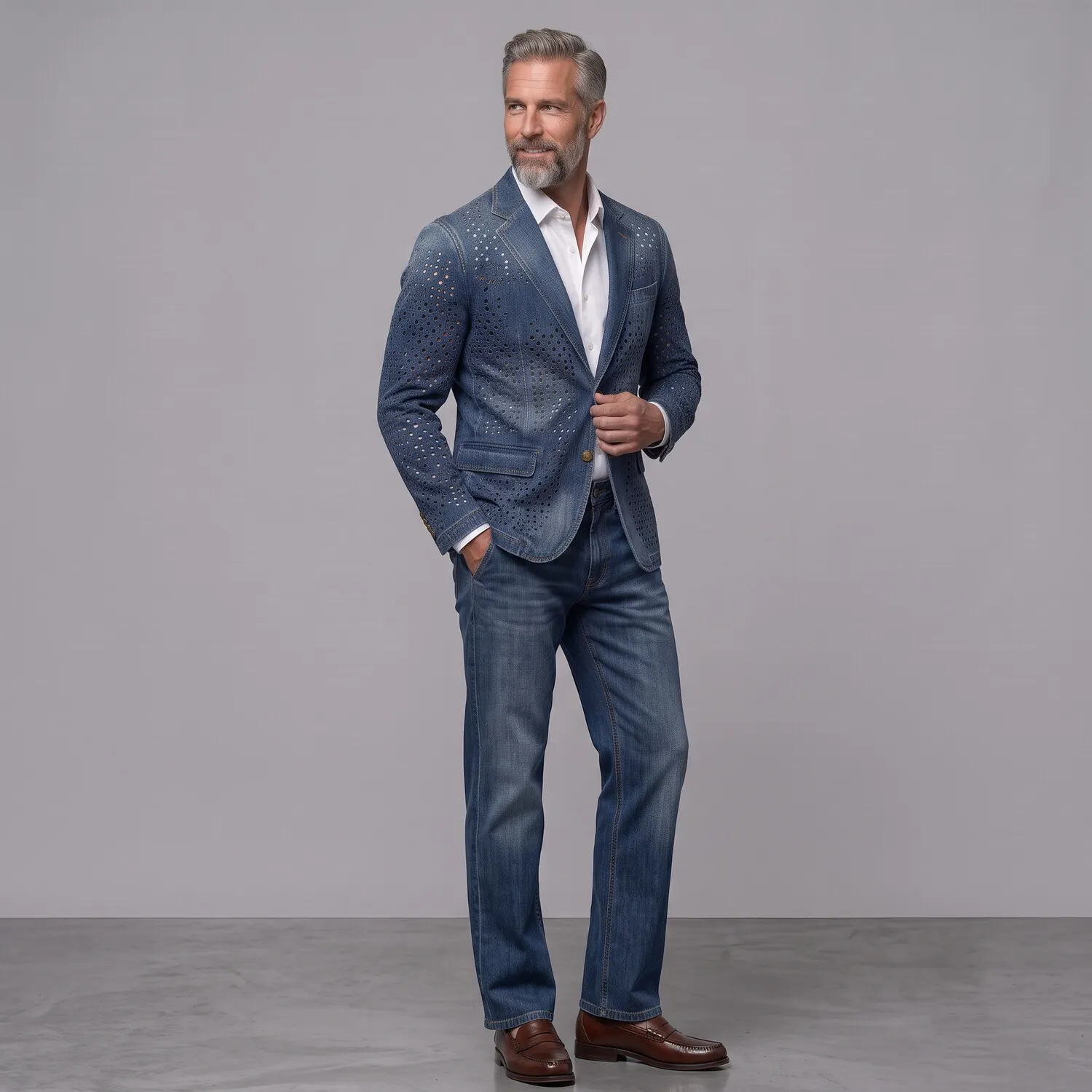 para hombre retro Distressed Denim Hollow Out Notch Lapel Single Breasted saco