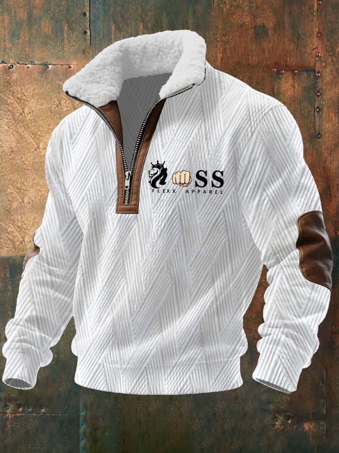Sudadera retro Letter Design jacquard Fabric cierre Fur cuello de manga larga para hombre