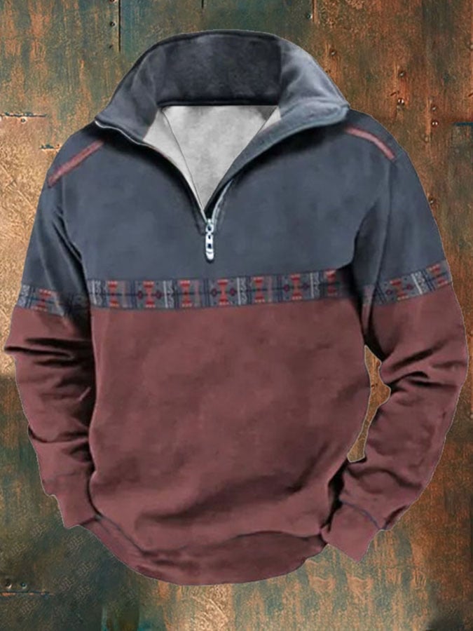 Sudadera retro Western estampado solapa de manga larga para hombre