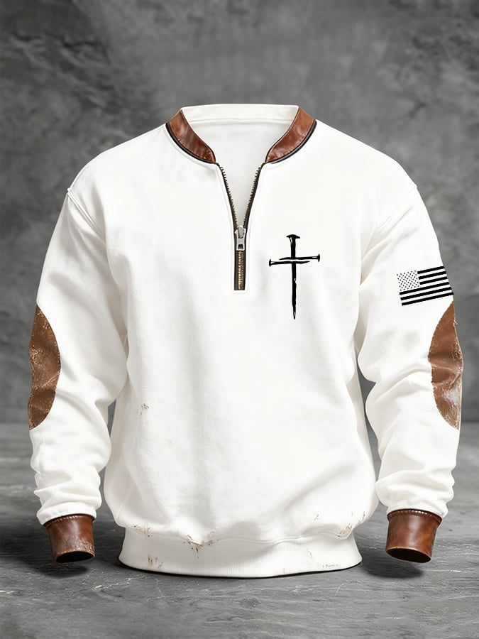 Sudadera retro Faith Cross estampado cierre Stand cuello de manga larga para hombre