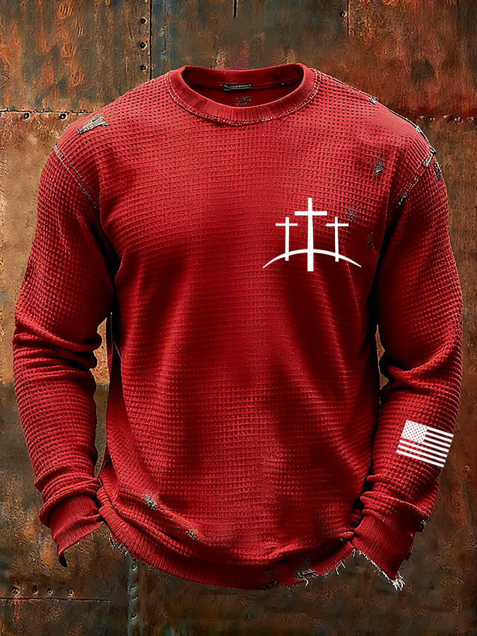 Camiseta vintage Faith Cross Design Waffle Fabric de manga larga para hombre