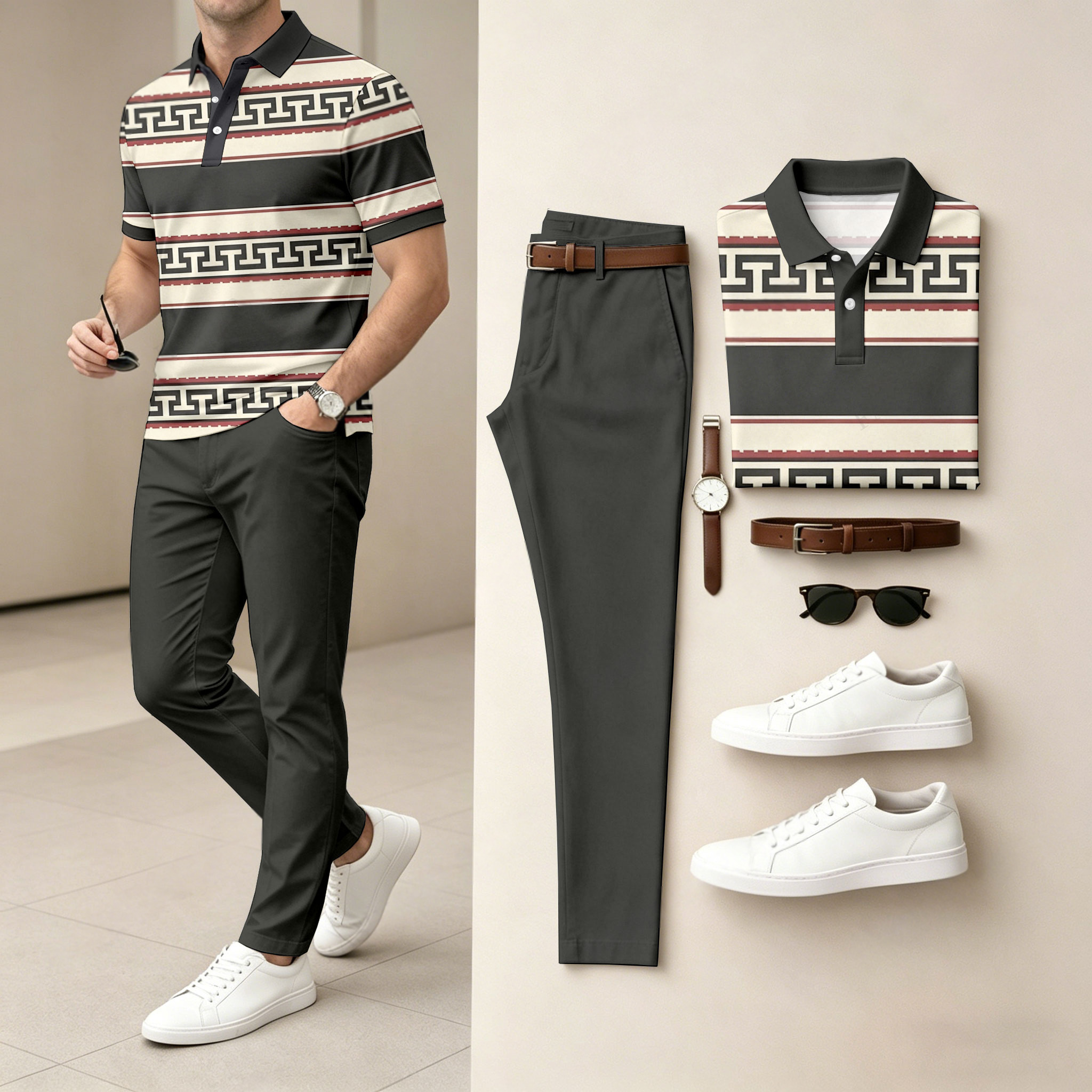 Conjunto de dos piezas casual estampado camisa polo And pantalón para hombre