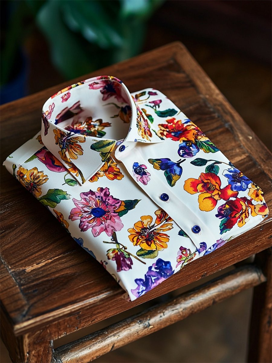 Camisa satén Luxe hawaiano estampado de manga corta Button para hombre