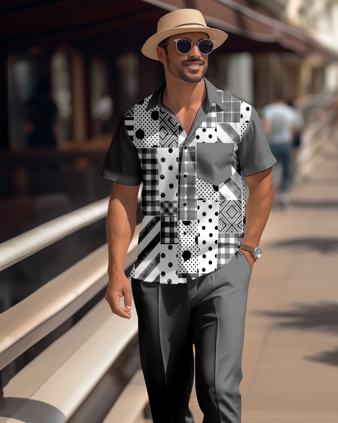 Camisa retro colorblock de manga corta walking Suit 1668 para hombre
