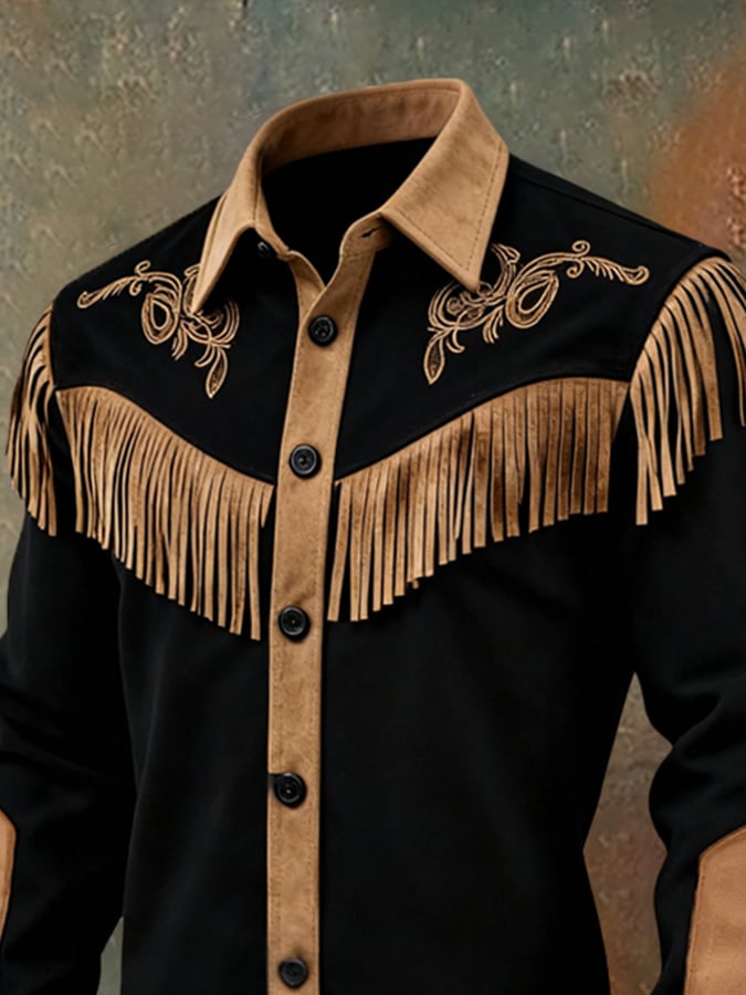Camisa vintage Patchpara trabajo Color-Block gamuza de manga larga With Tassels para hombre
