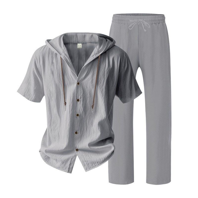 Conjunto de dos piezas de lino casual Hooded de manga corta camisa and holgado pantalón Set, Lightweight transpirable Summer Beach Vacation Outfit, Drawstring Relaxed Fit for para uso diario Wear Travel Resort Loungewear Comfortable elegante Summer Outfit para hombre