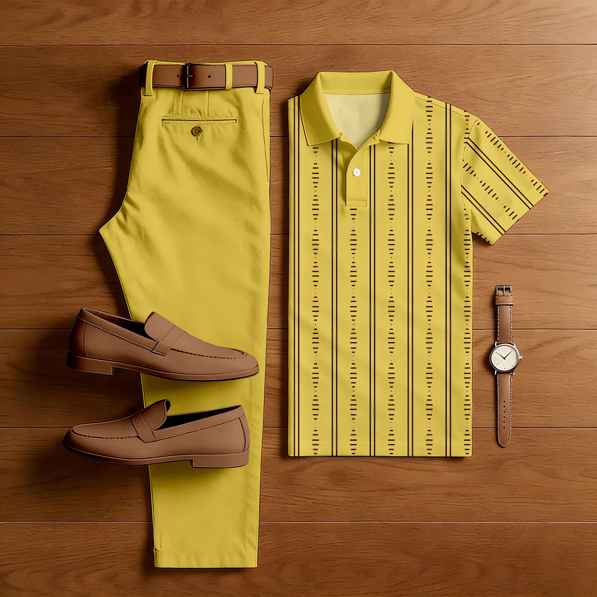 Conjunto de dos piezas casual Yellow & Black Color Matching a rayas estampado de manga corta camisa polo & Trousers para hombre