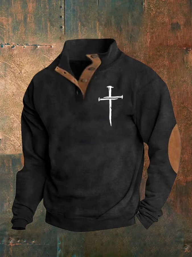 Sudadera Faith Cross estampado Stand cuello Button para hombre