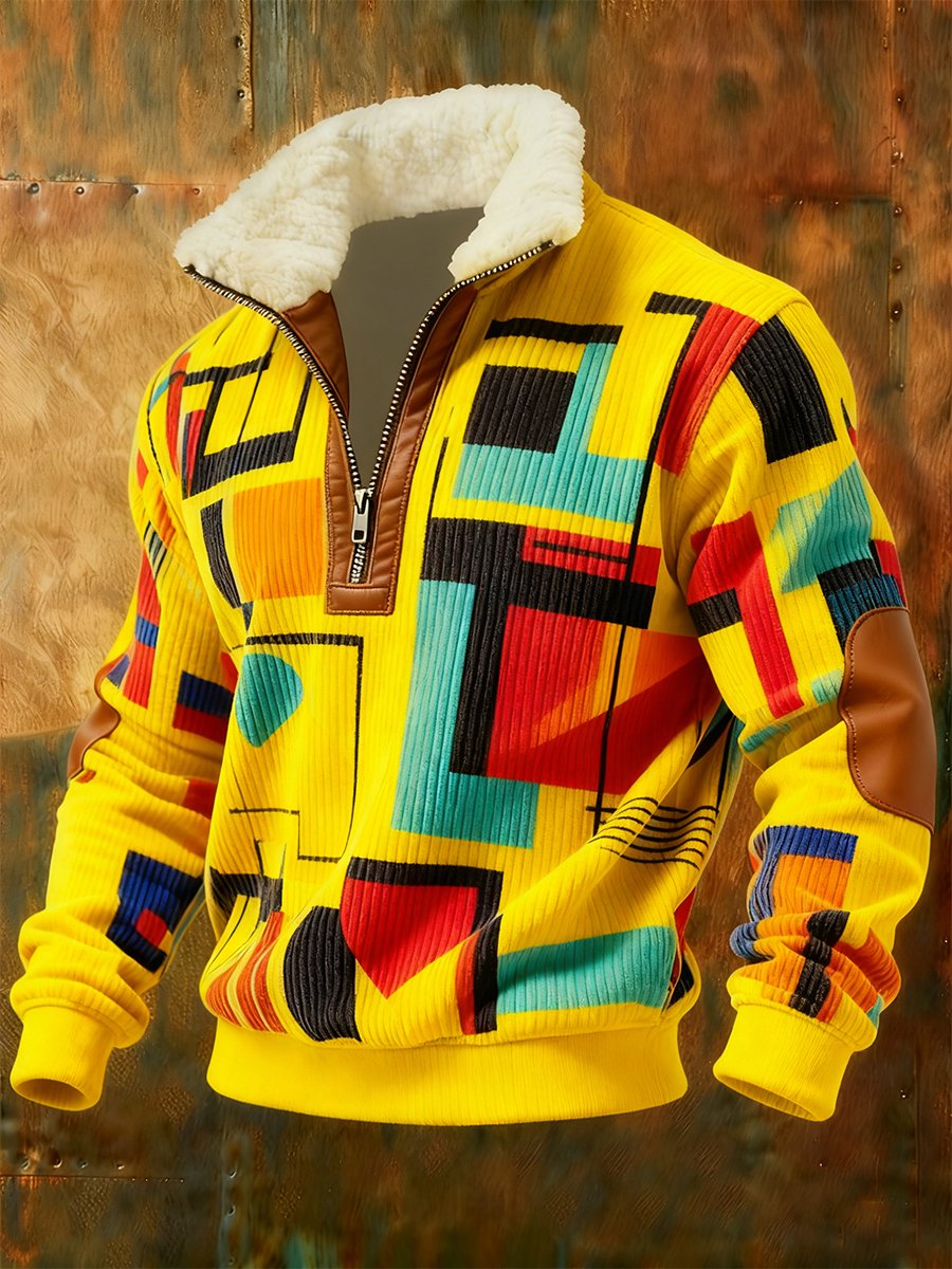 Sudadera retro geométrico Quarter Zip polar Neck para hombre