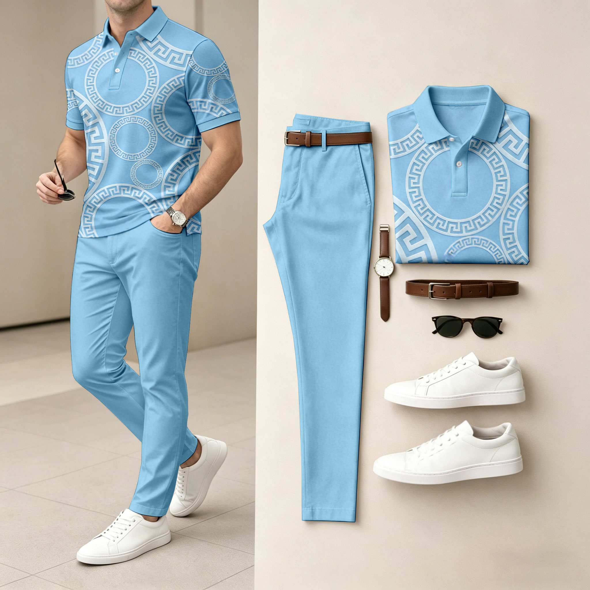 Camisa polo casual de manga corta And Trousers Set With Herringbone estampado (Excludes Accessories Such As Watches And Belts) para hombre