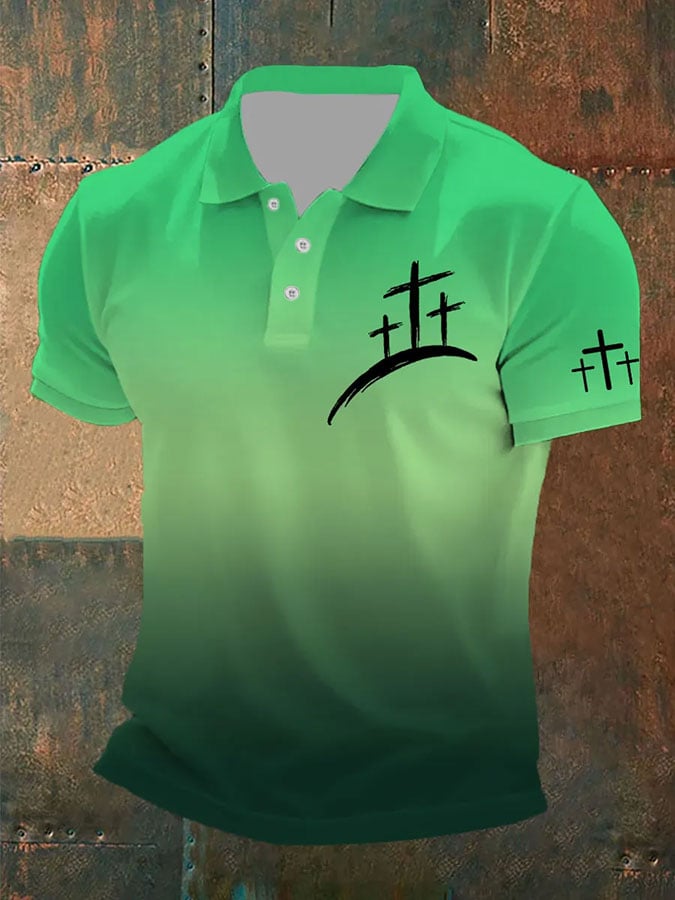 Camisa polo de manga corta faith cross estampado con botones degradado para hombre