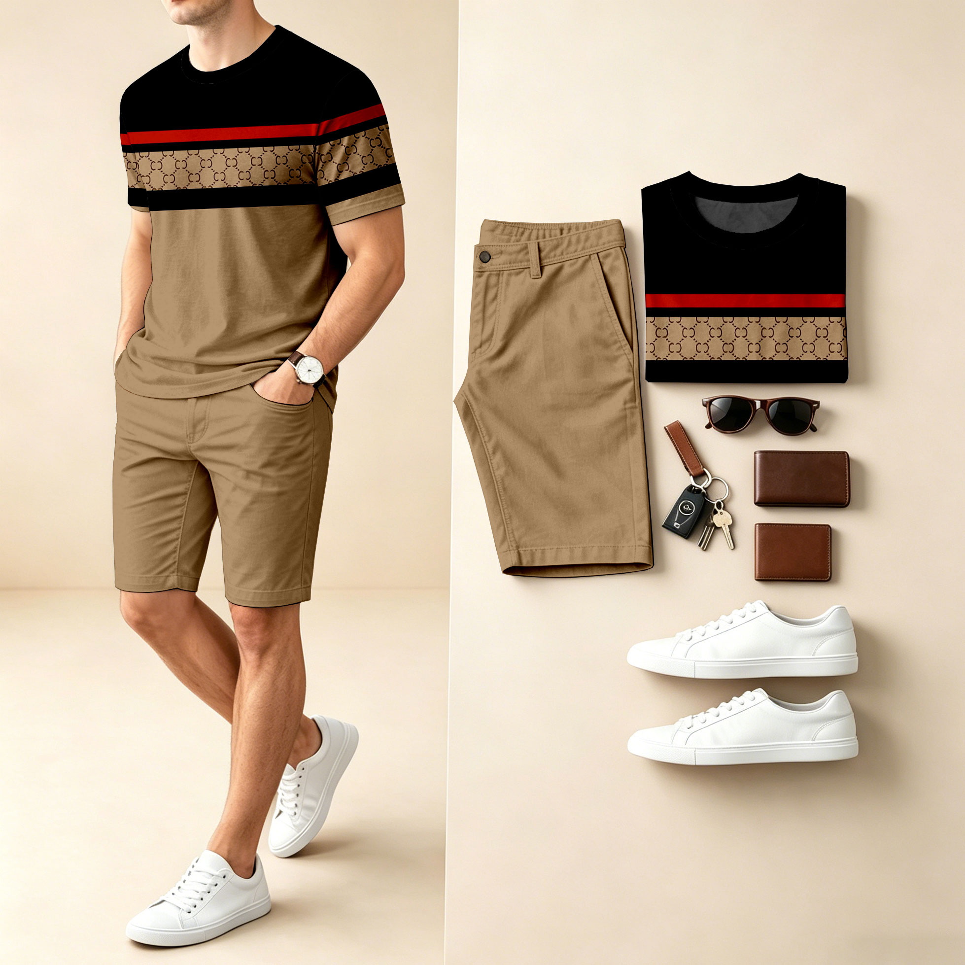 Conjunto de dos piezas casual Round-Neck de manga corta camiseta With Chest Strap And shorts para hombre