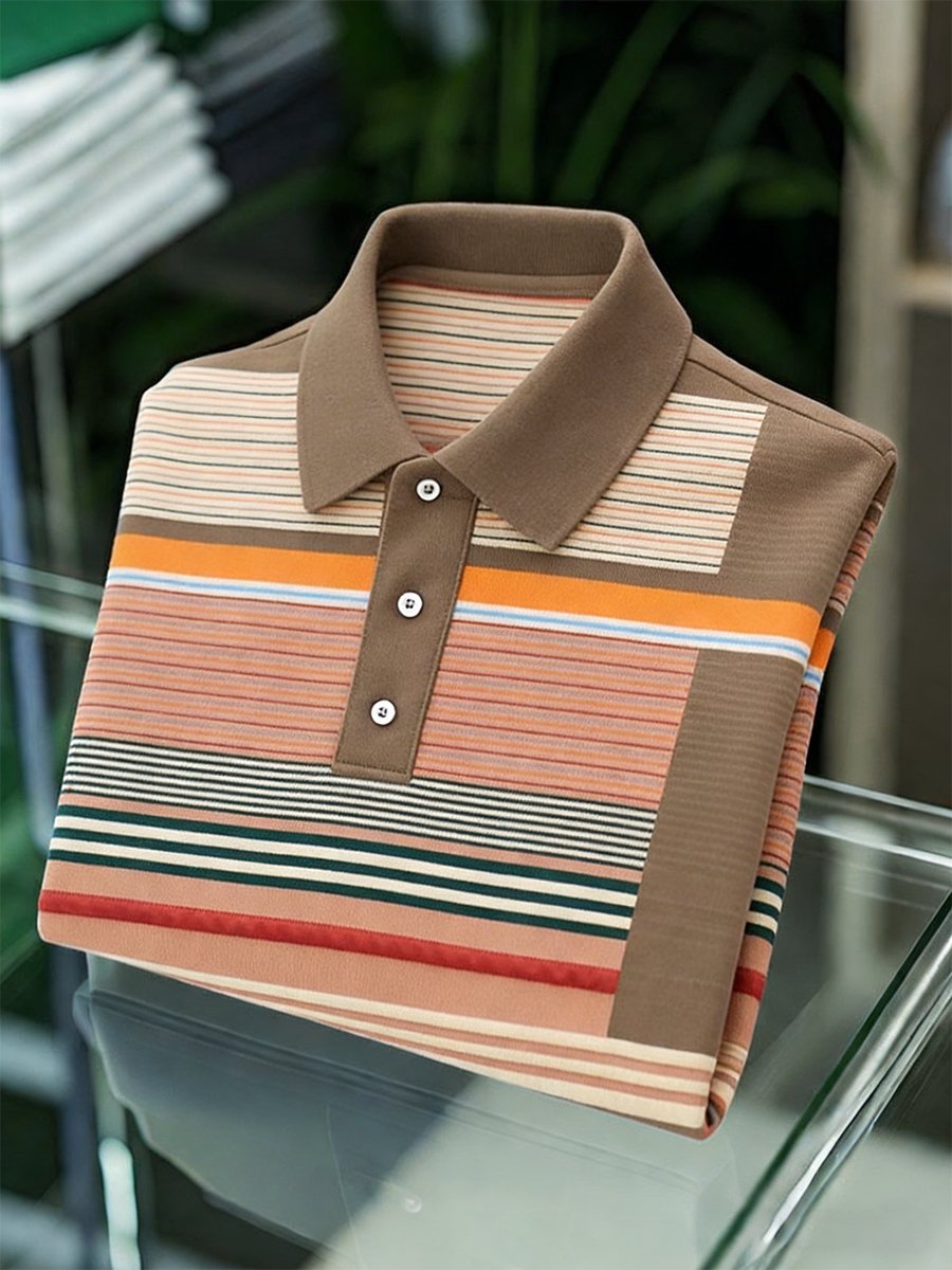 Camisa polo vintage ejecutivo a rayas de manga larga para hombre