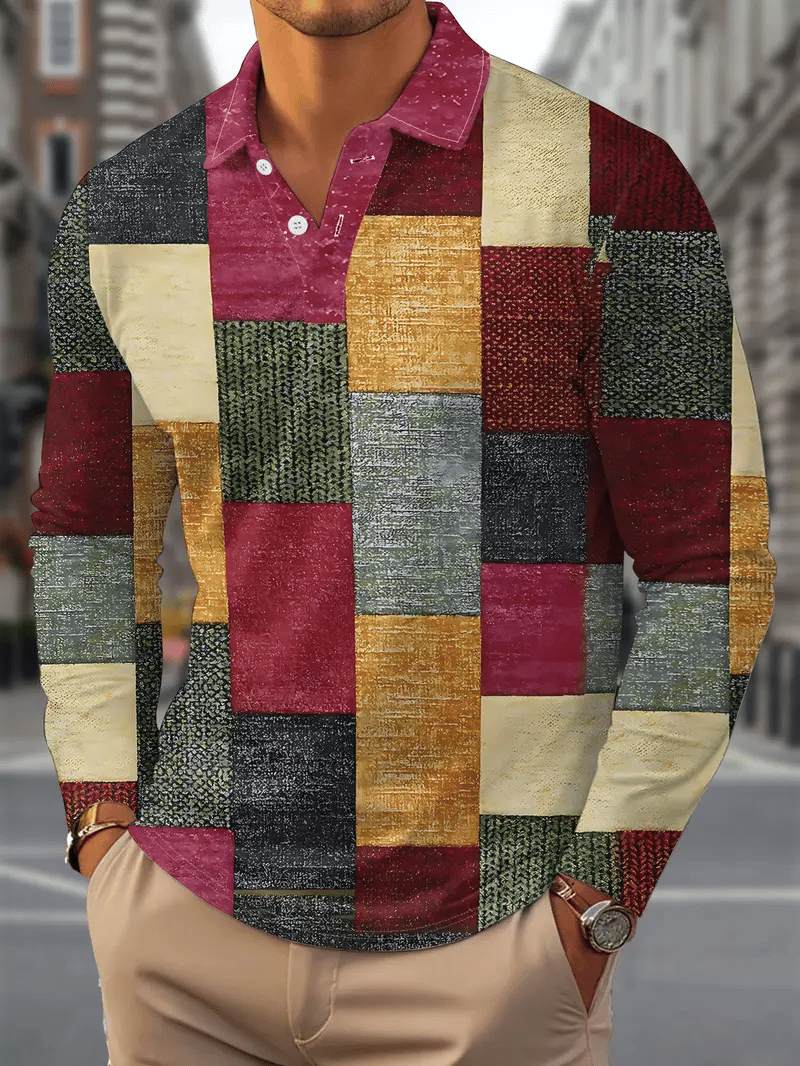 Camisa polo retro ejecutivo rayas estampado de manga larga para hombre