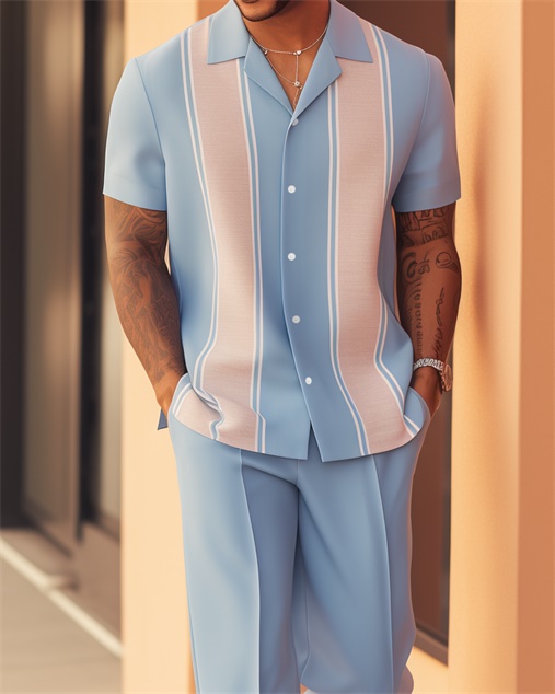 Camisa retro Vertical a rayas de manga corta Walking Suit 1588 para hombre