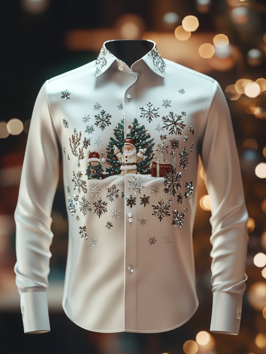Camisa retro Christmas estampado de manga larga para hombre
