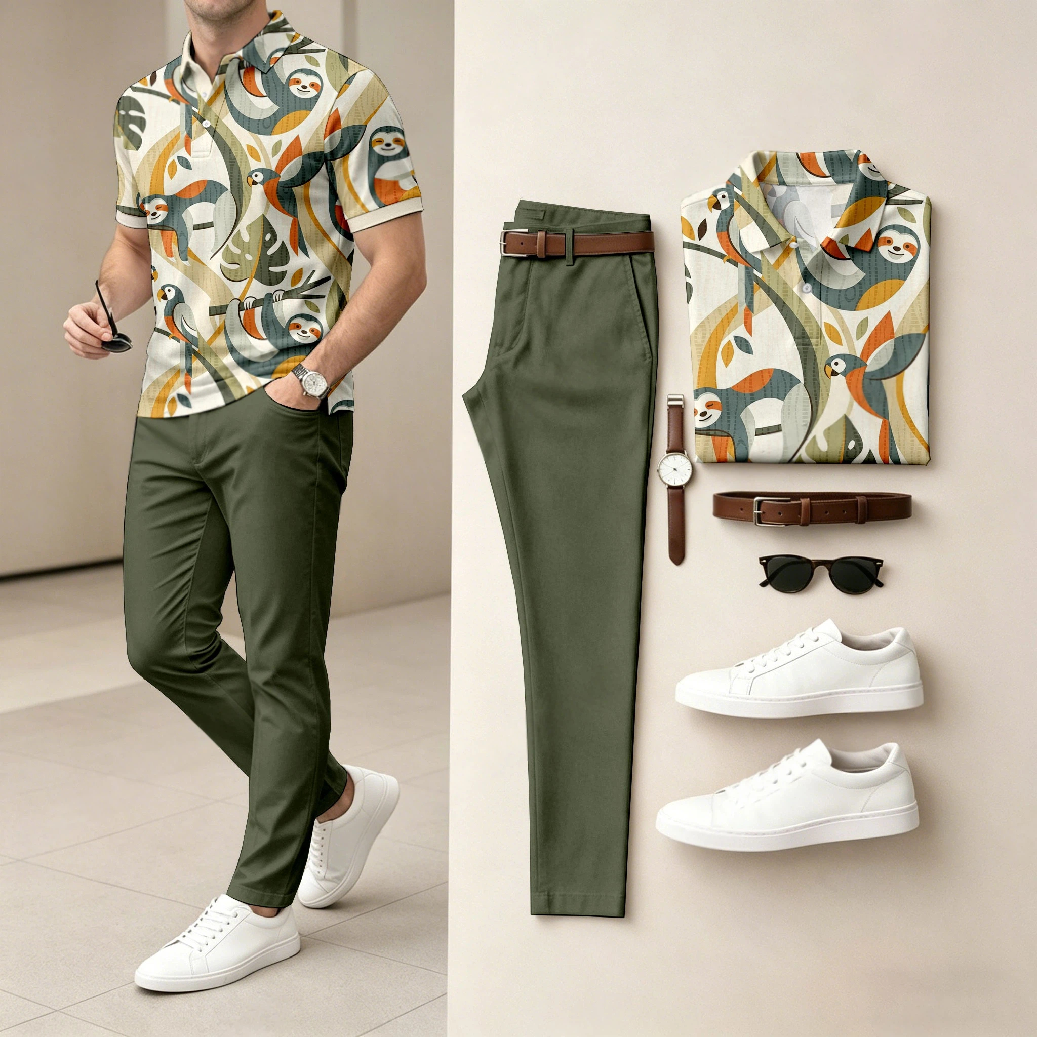 Conjunto de dos piezas casual en bloques de color Plant estampado camisa polo And pantalón para hombre