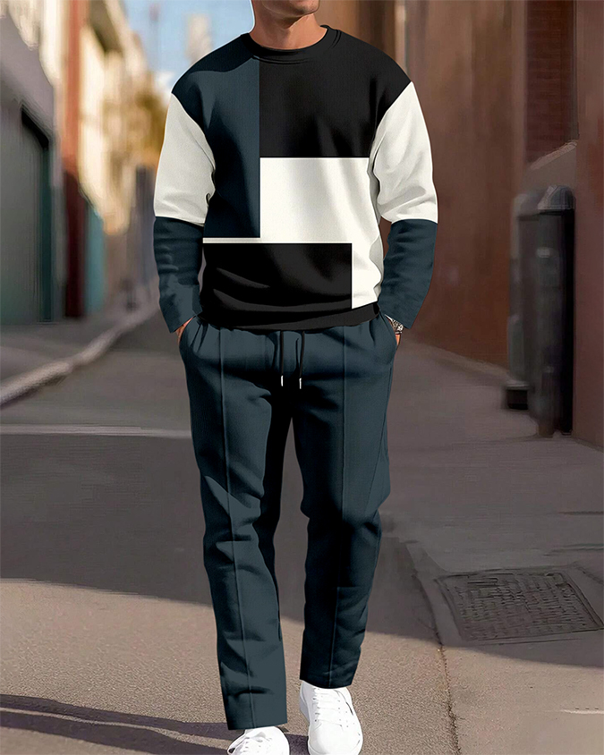 Simple Colorblock Round Neck casual Sports Set 065 para hombre