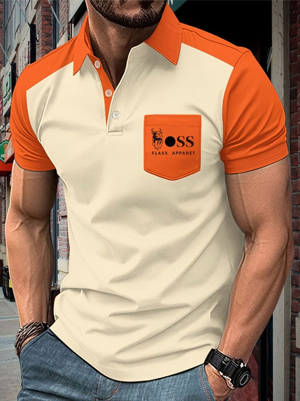 Camisa polo ejecutivo Color-Blocked Logo con botones de manga corta para hombre