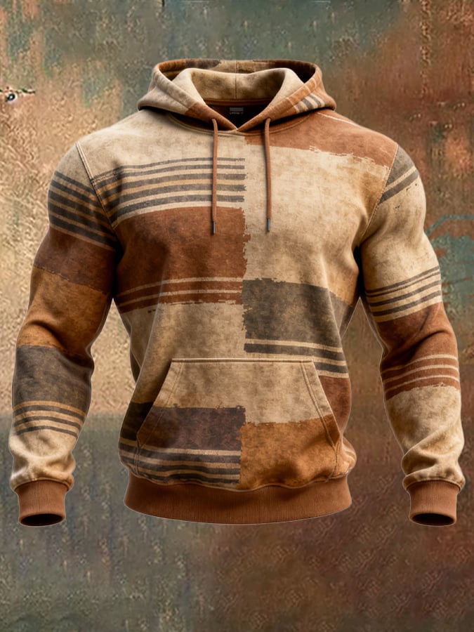 Sudadera retro desgastado en bloques de color estampado casual de manga larga para hombre