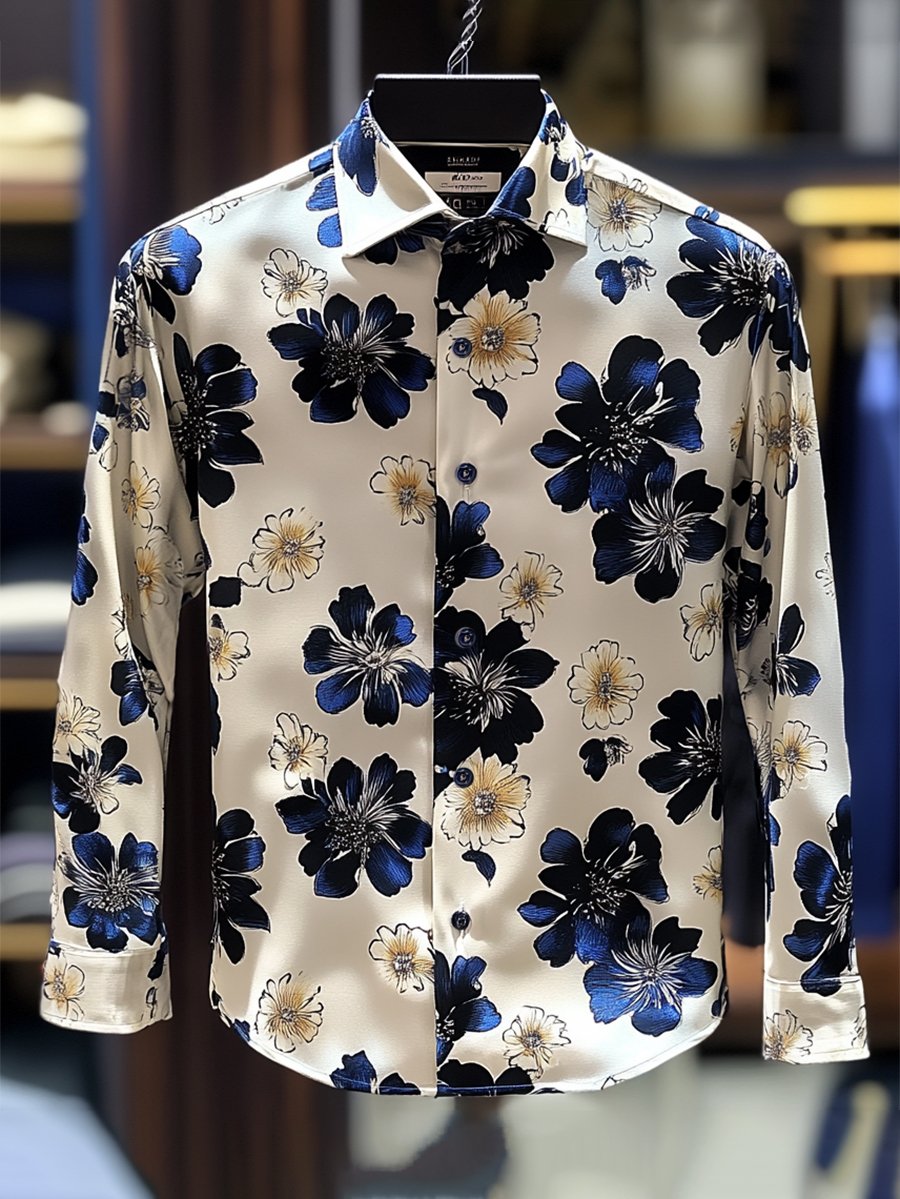Camisa satén Luxe floral estampado de manga larga con botones para hombre