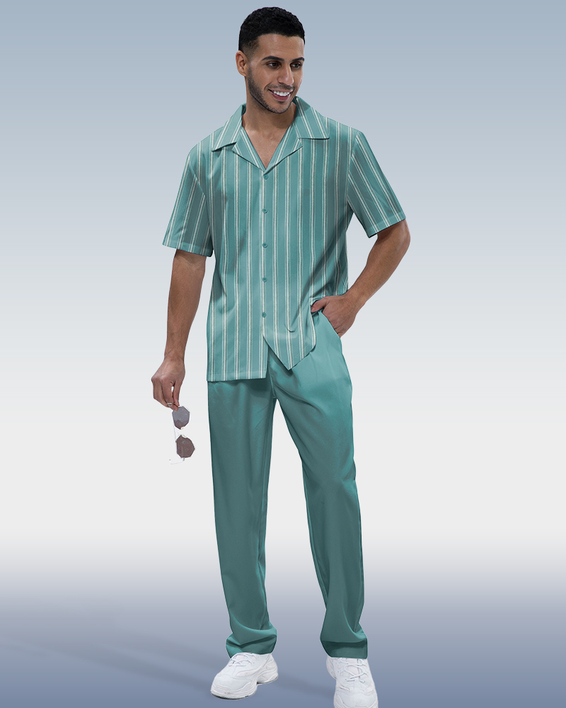 Vertical rayas Two-Piece de manga corta estampado Walking Suit