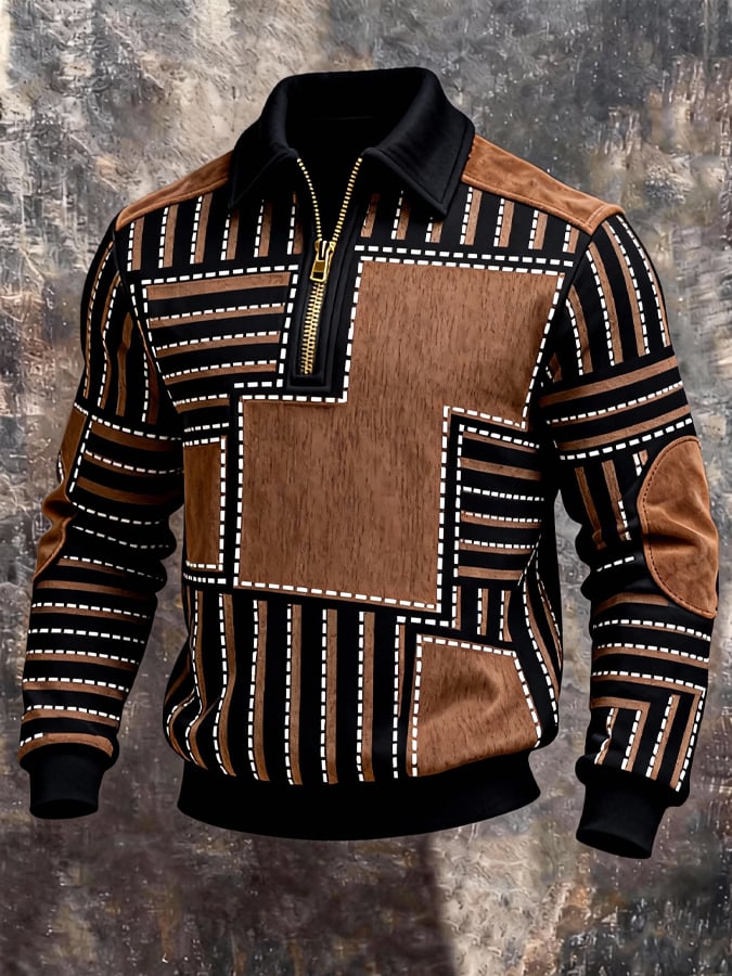 Sudadera retro en bloques de color estampado Color-Blocked con cierre para hombre