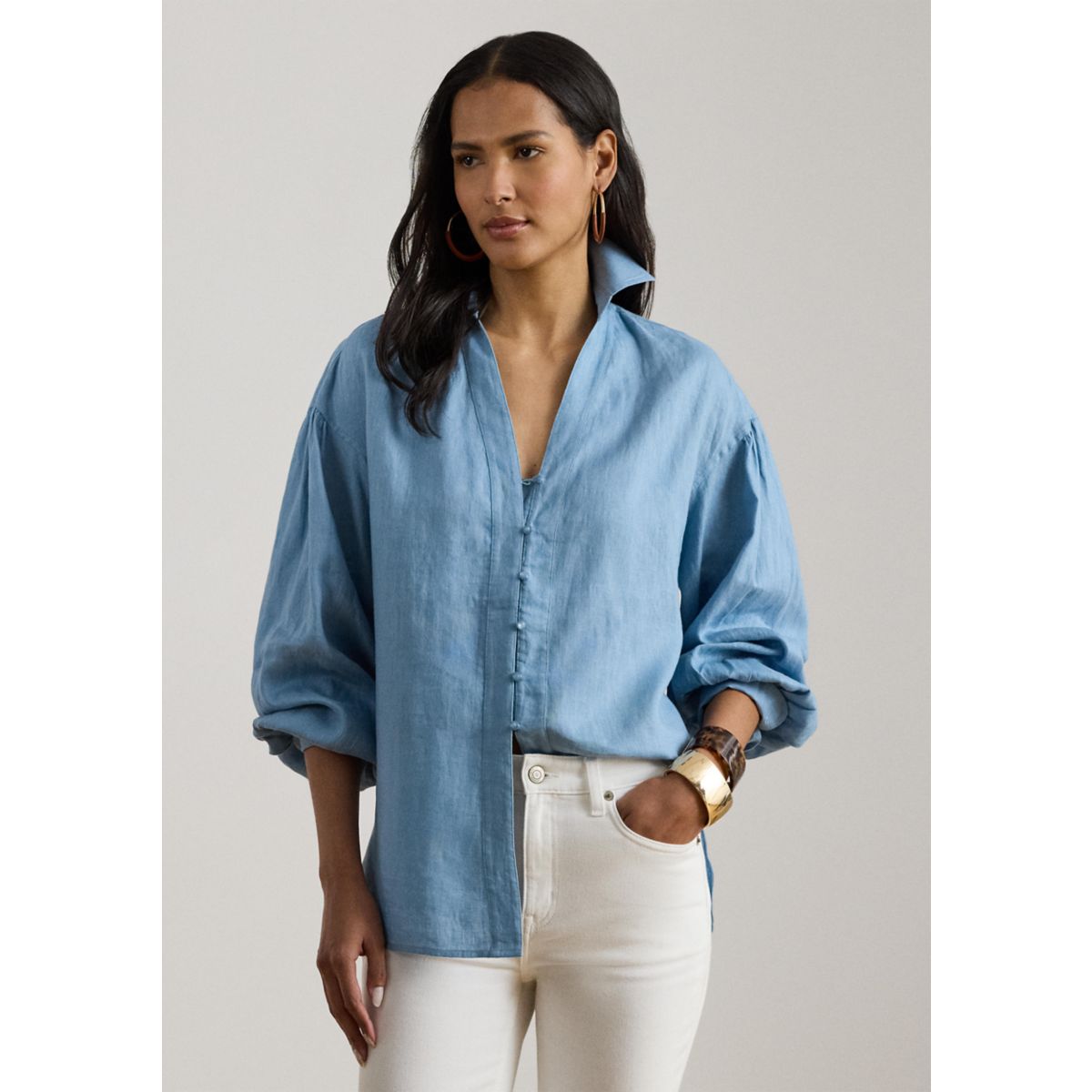 Women's Linen Blouson-Sleeve Shirt - 3