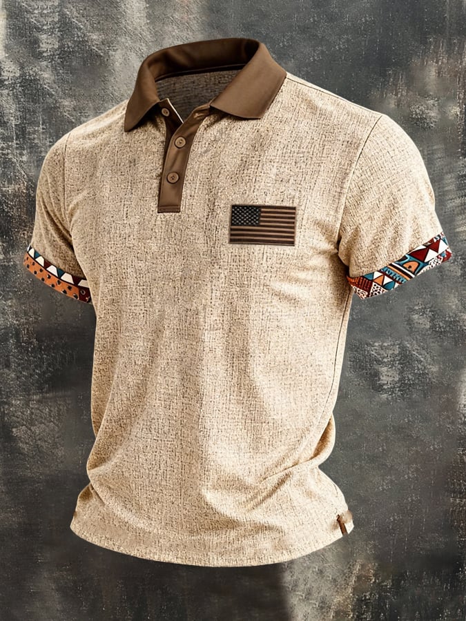 Camiseta retro Color-Block "Patriot" Polo-Collar casual de algodón-de lino para hombre
