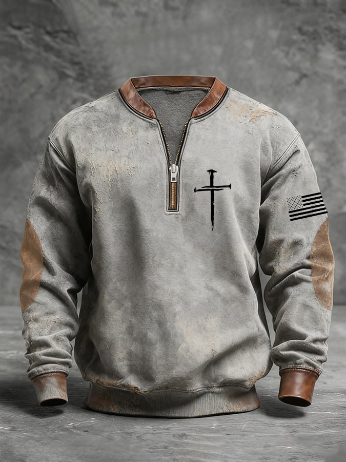 Sudadera retro Faith Cross estampado cierre Stand cuello de manga larga para hombre