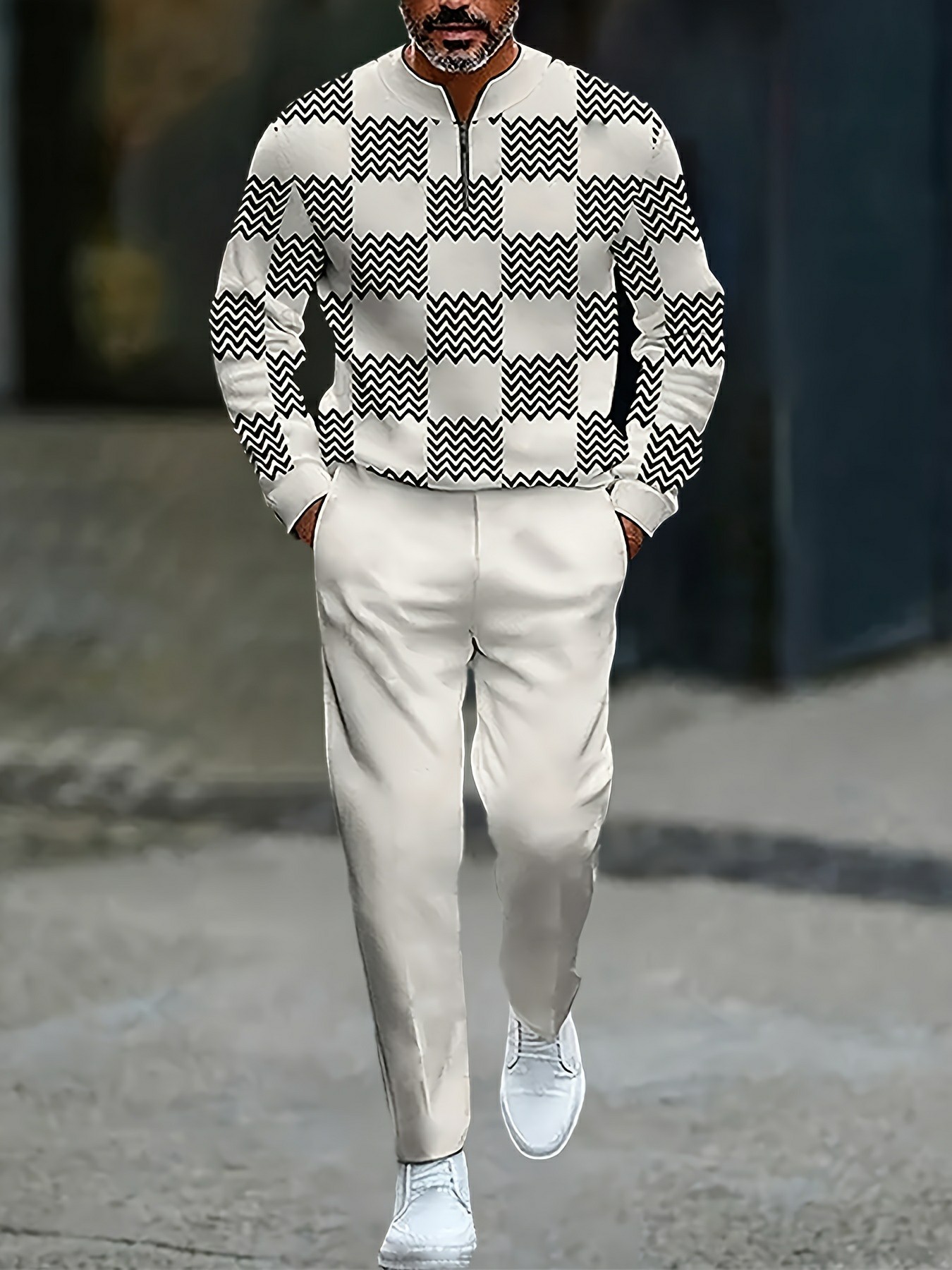 Conjunto de dos piezas casual White & Black Color Matching a rayas estampado Round-Neck Zipper de manga larga Trousers para hombre