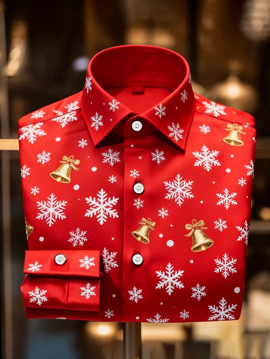 Camisa de lujo Christmas Party de manga larga con botones para hombre